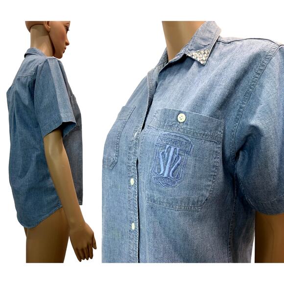 80s Sperry Top Sider Chambray Work Shirt w Rhinestone Collar Tips | XS - Picture 6 of 9